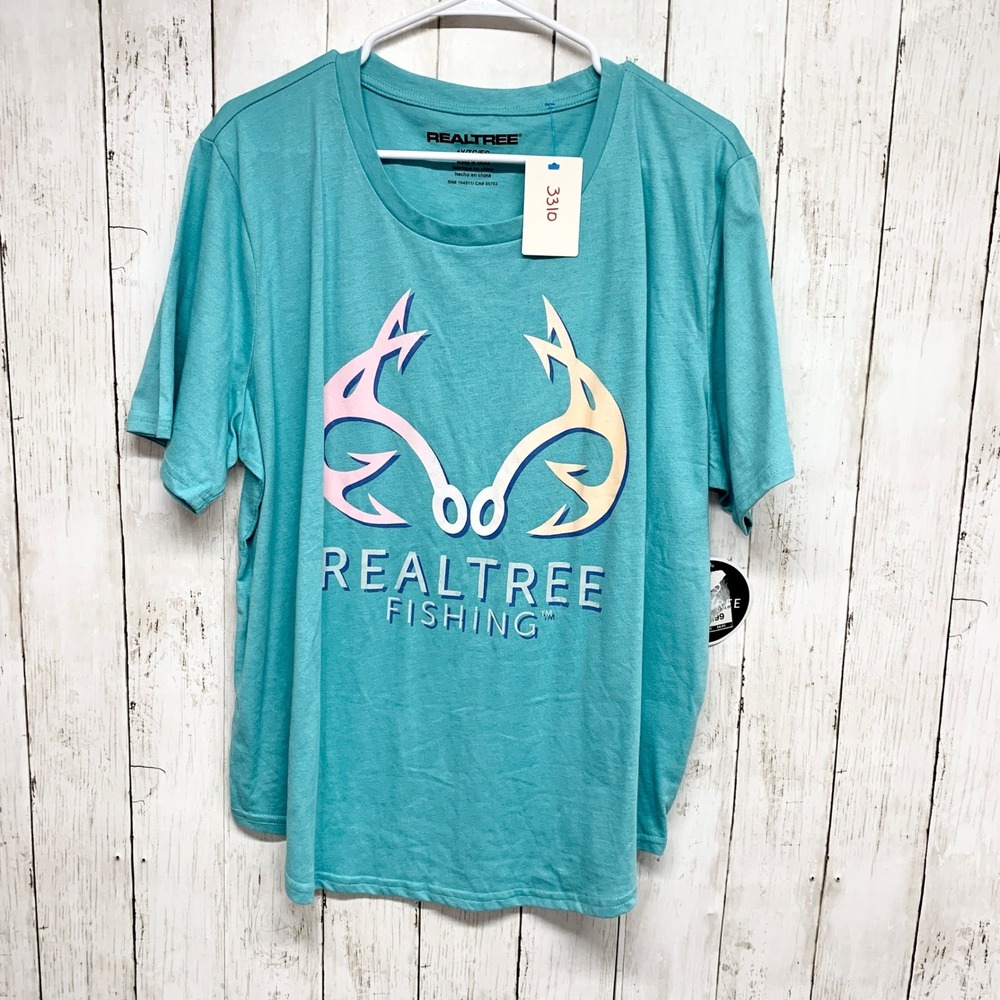 Realtree Fishing Graphic Tee Womens Size 1X Turquoise Blue Short Sleeve Cotton‎